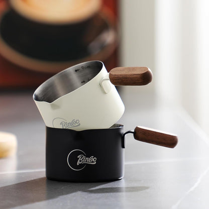 Bincoo GYKF2244 Espresso Shot Cup with Wood Handle,100ML Stainless Steel Espresso Measuring Cup Pouring Cup for Coffee Machine, Home, Barista