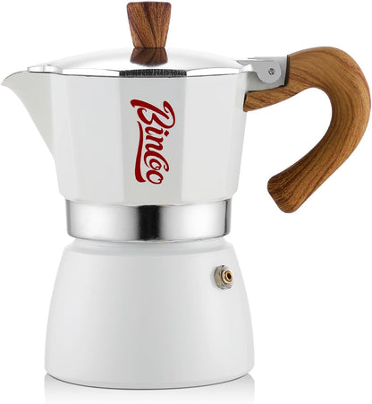 Bincoo Espresso Maker Stovetop, Moka Pot 6 Cups, Espresso Pot Classic Italian Coffee Maker,Single Safety Valve (White, 6 Cup)