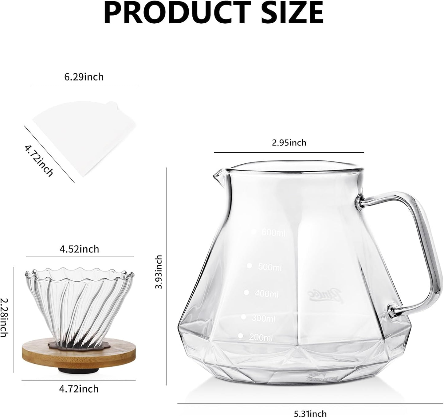Pour Over Coffee Maker Set - Borosilicate Glass Dripper with Walnut Handle & Glass Lid, 50 pcs V60 Paper Filters Included - 600ml Pour Over Coffee Dripper for Home, Café, & Camping (Transparent)