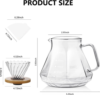 Pour Over Coffee Maker Set - Borosilicate Glass Dripper with Walnut Handle & Glass Lid, 50 pcs V60 Paper Filters Included - 600ml Pour Over Coffee Dripper for Home, Café, & Camping (Transparent)