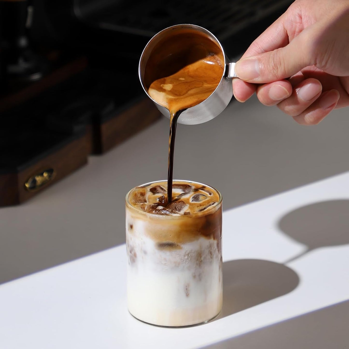 Bincoo GYKF2244 Espresso Shot Cup with Wood Handle,100ML Stainless Steel Espresso Measuring Cup Pouring Cup for Coffee Machine, Home, Barista