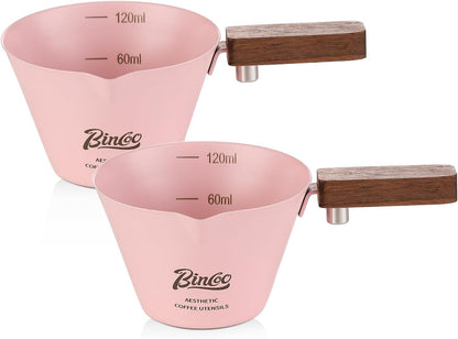 Green Espresso Shot Cup Set of 2,Stainless Steel Espresso Measuring Cup with Wood Handle,120ML Espresoo Coffee Pouring Cup,2 Pack