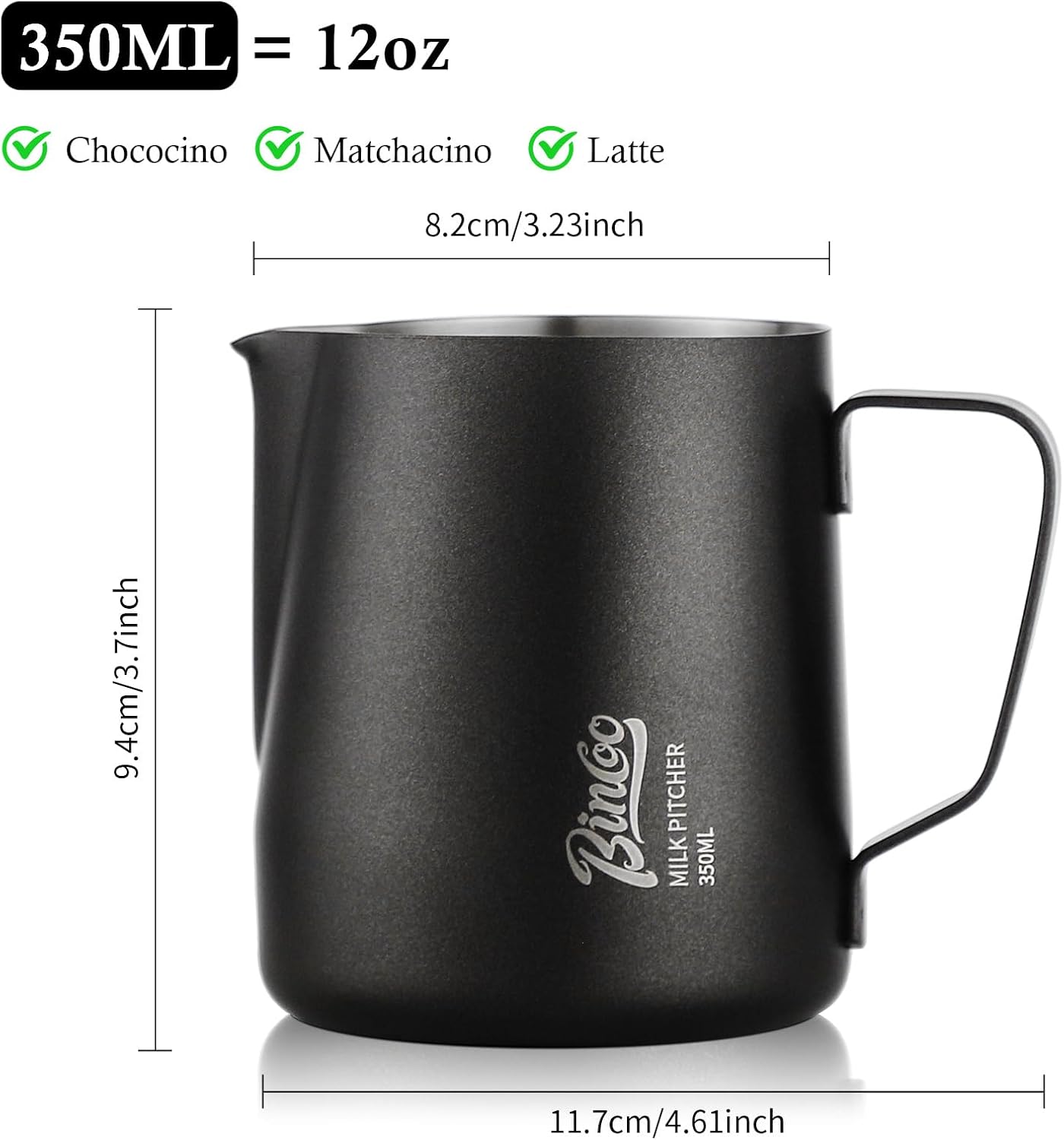 Milk Frothing Pitcher - 350ml/12oz Milk Frother Cup Espresso Steaming Pitcher for Barista, Bincoo SUS304 Stainless Steel Espresso Steaming Pitchers for Latte Art/Cappuccino/Coffee (Black-350ml)