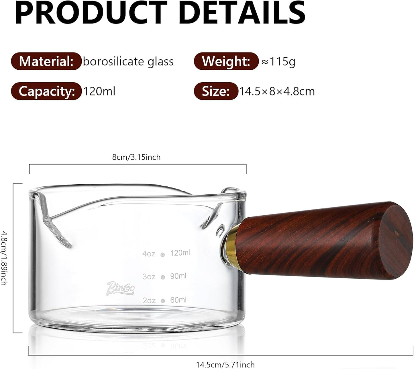 Espresso Shot Glasses with Wood Handle - 120ml Glass Coffee Bean Dosing Cup with Dual Spout,Clear Espresso Measuring Cup Glass for Barista Coffee Measure