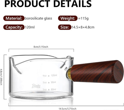 Espresso Shot Glasses with Wood Handle - 120ml Glass Coffee Bean Dosing Cup with Dual Spout,Clear Espresso Measuring Cup Glass for Barista Coffee Measure