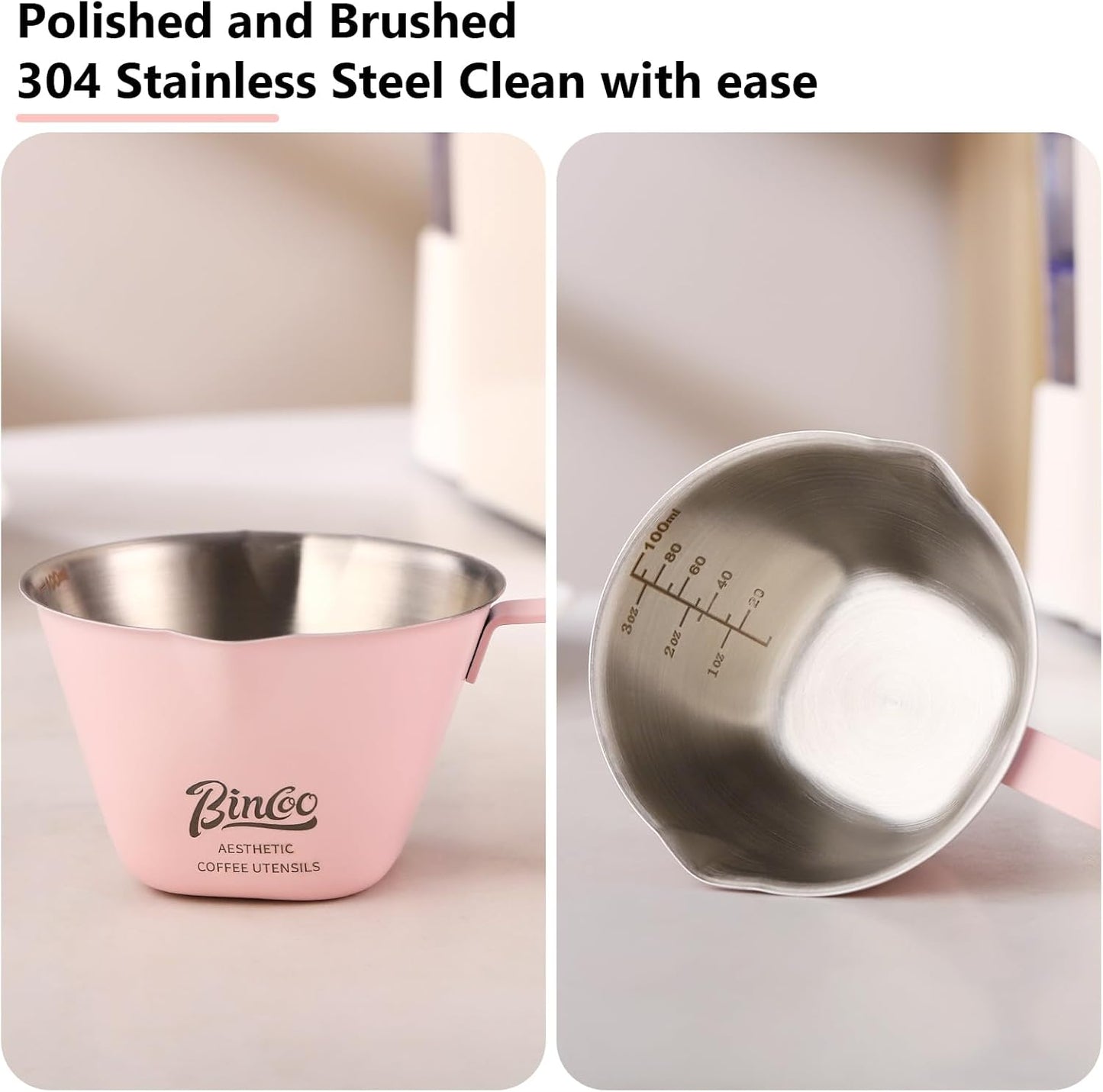 Pink Espresso Measuring Cup with Handle - 2 Pack Stainless Steel Espresso Pouring Cup with Double Spout,100ML Espresso Shot Cup for Coffee Bean,Tomato,Sauce,Milk