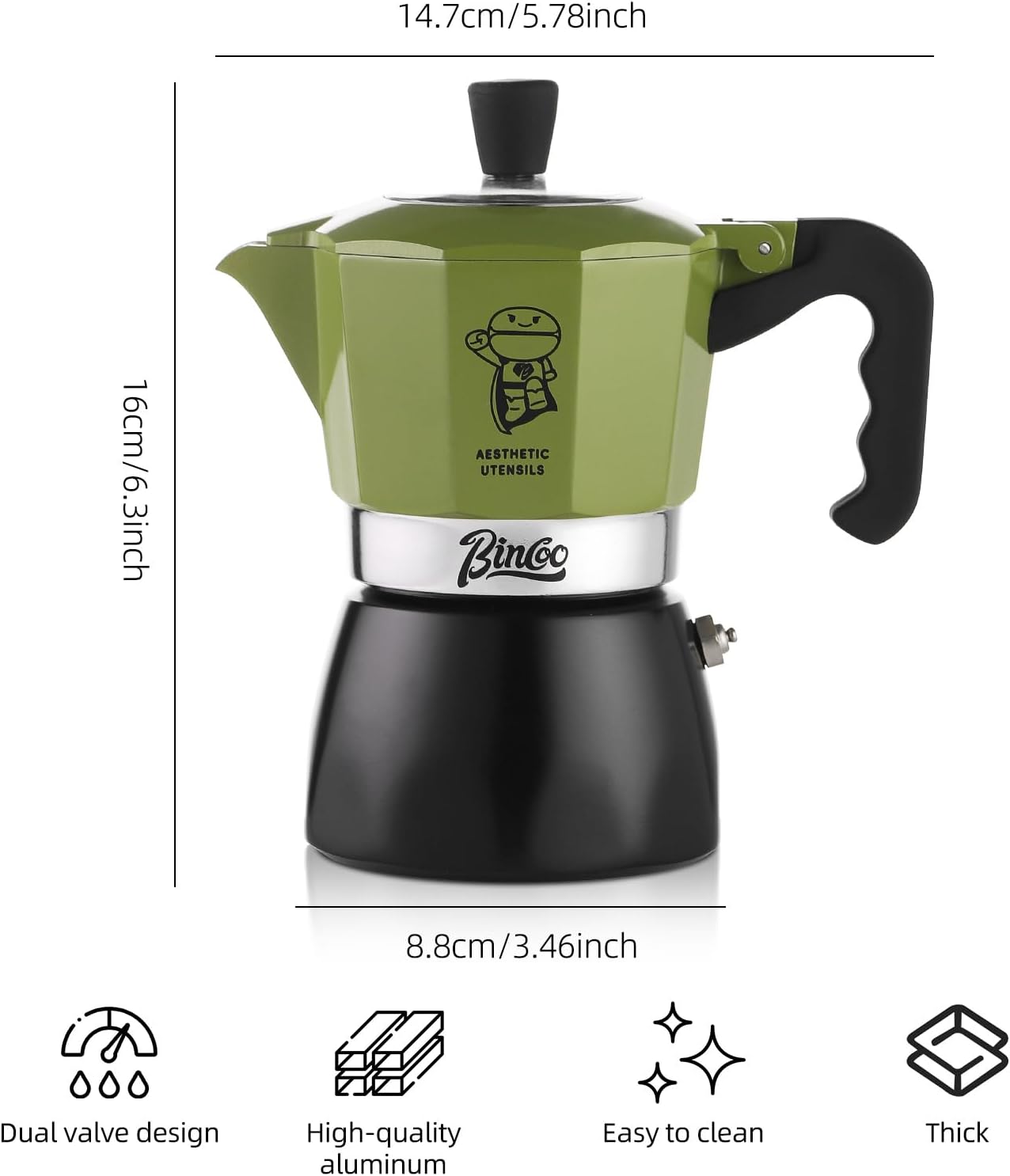 Upgraded Moka Pot with Double Valves - 2X Richer Crema, Stronger Pressure Than Single Valve - Stovetop Espresso Maker for Rich Italian Coffee, 2 Espresso Cup (Blackgreen)