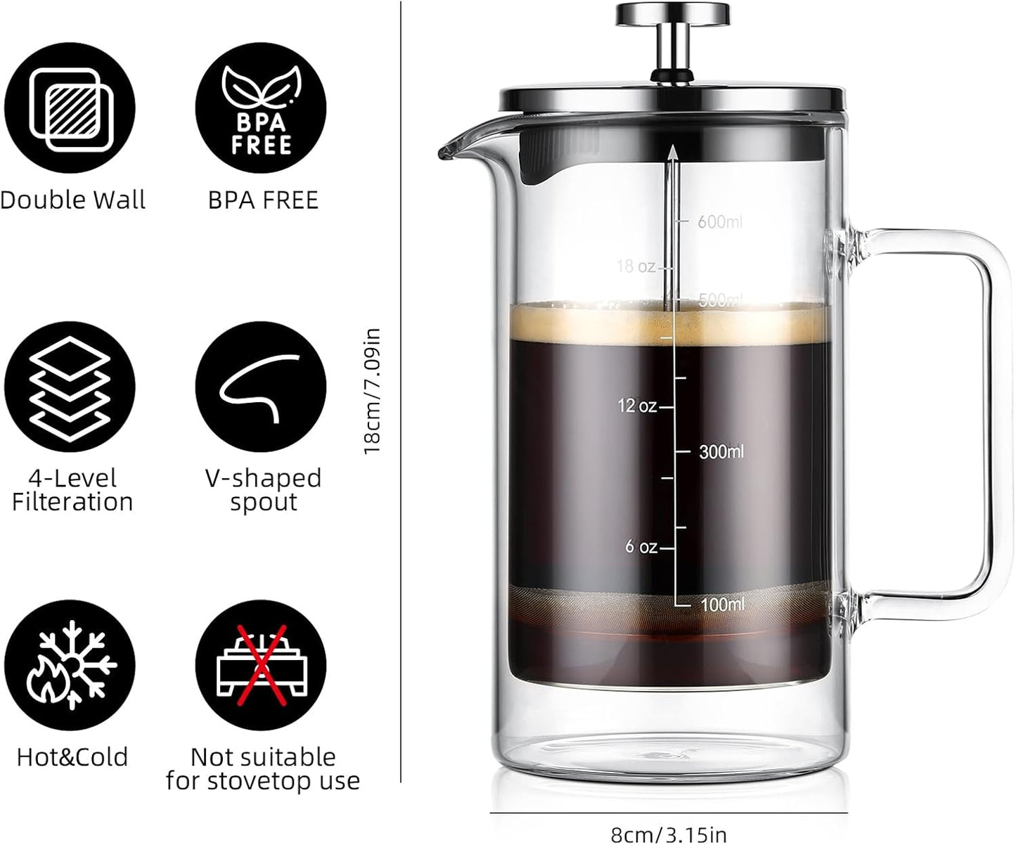 Bincoo French Press Coffee Maker 600ML - Single Layer Borolicate Glass Travel Coffee Press,Tea and Frothed Milk Press, Easy to Use