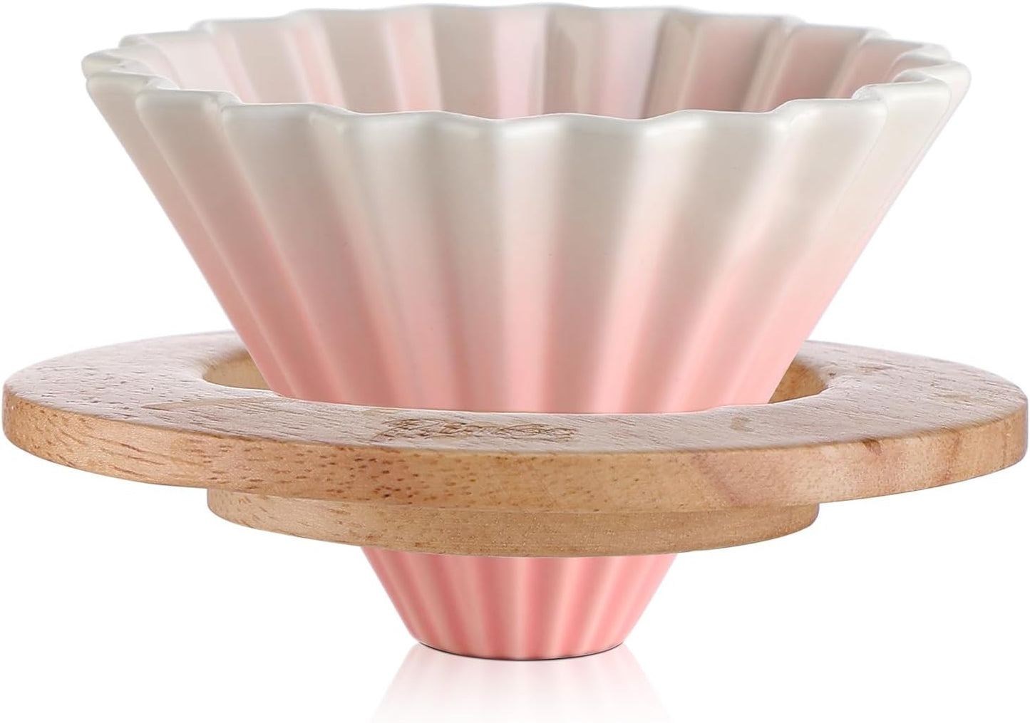 Bincoo GYKF1990 Ceramic Coffee Dripper,Pour Over Coffee Dripper with Wood Stand, Flower-shape for 1-2 Cups Slow Brewing Maker for Home Cafe (Pink)