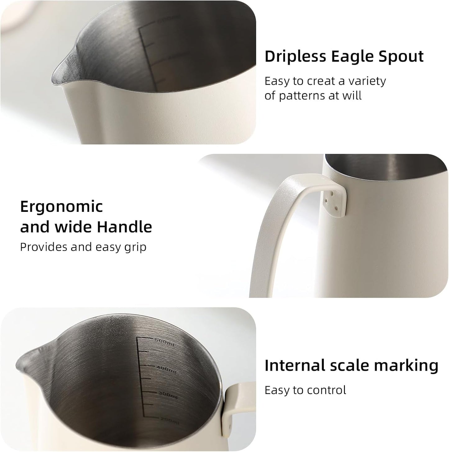 Milk Frothing Pitcher 500ML - Espresso Steaming Pitcher with Large Handle and Scale,Stainless Steel Milk Frothing Cup for Cappuccino, Latte Art,Coffee Machine Accessories (White)