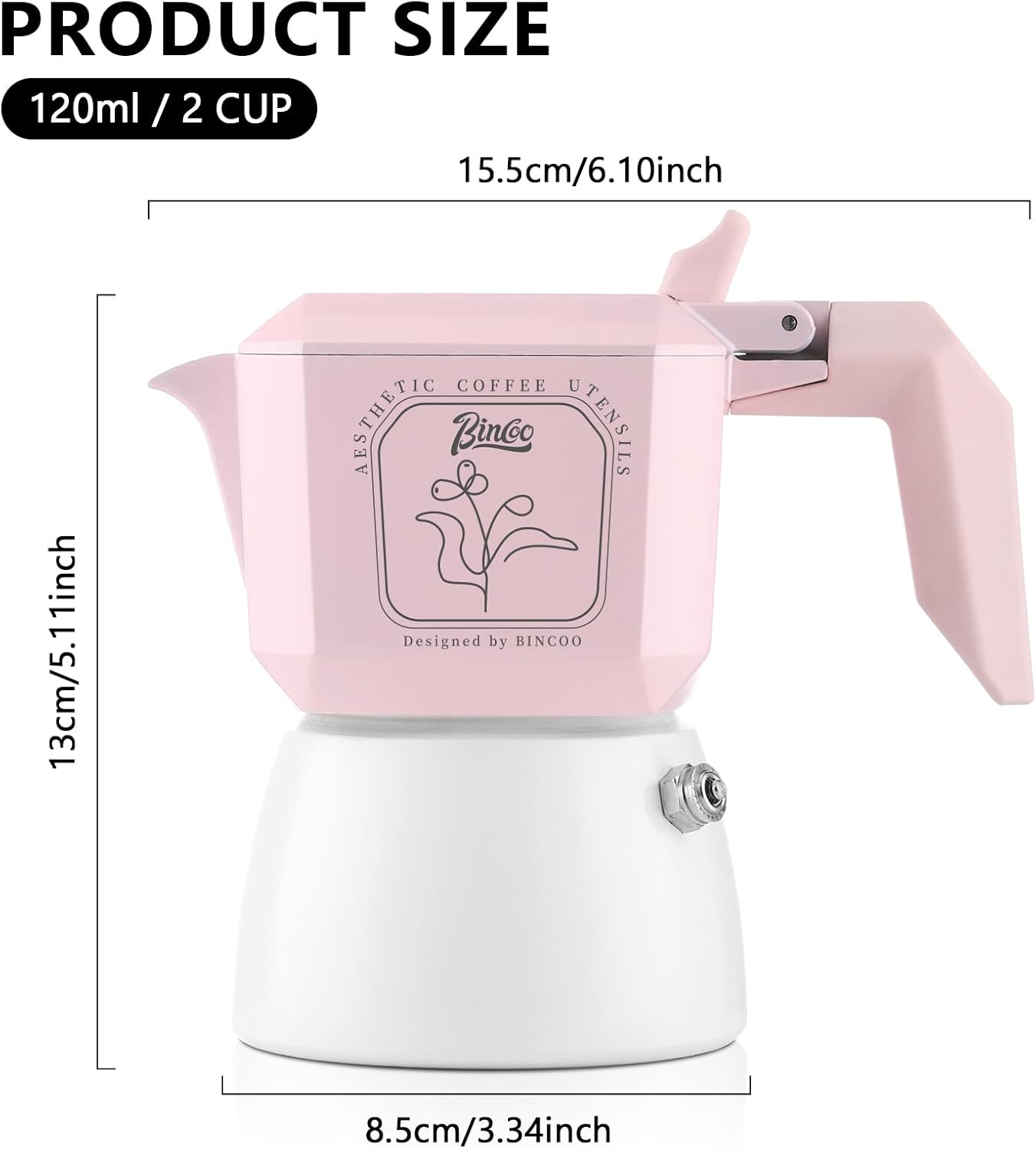 Pink Espresso Maker Stovetop, 2 Cups Moka Pot Italian Espresso Coffee Maker for Gas or Electric Ceramic Stovetop, 120ml Italian Coffee Maker for Cappuccino or Latte (Pink)