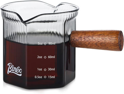 Bincoo GYKF0789 6oz Espresso Shot Glass with Wood Handle,Single Spouts Coffee Milk Measuring Cup with Clear Scale -Heat Resistant Glass Creamer for Coffee Tea or Maple Syrup Serving (180ML gray)