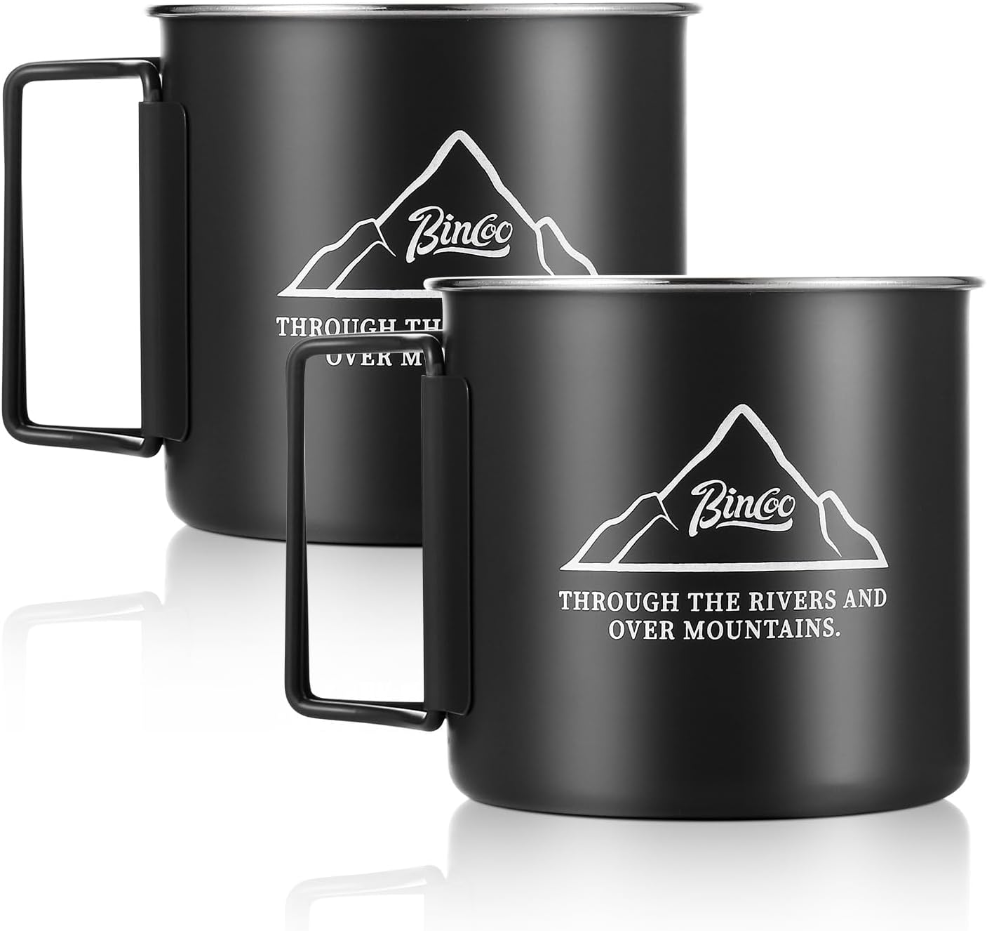 Bincoo 304 Stainless Steel Camping Cups Set of 2 - Enamel Coffee Mugs with Foldable Handles for Camping, Hiking, and Picnic, 10oz Capacity, Eco-Friendly and Sturdy. (Green)