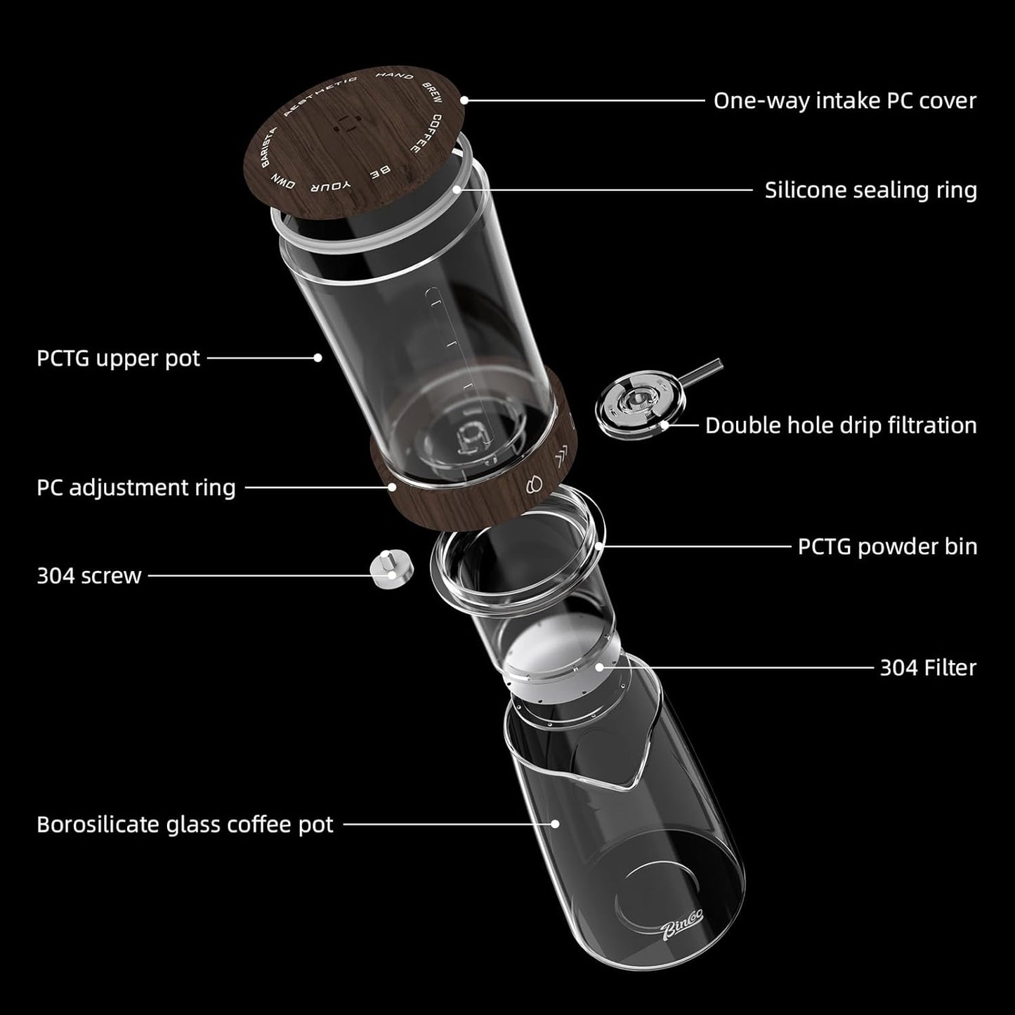 Bincoo GYKF2195 Cold Brew Coffee Maker 450ML, Ice Drip Coffee Brewer,Slow Drip Coffee Maker with Fine Mesh Filter, Adjustable Water Flow (Dark Brown)