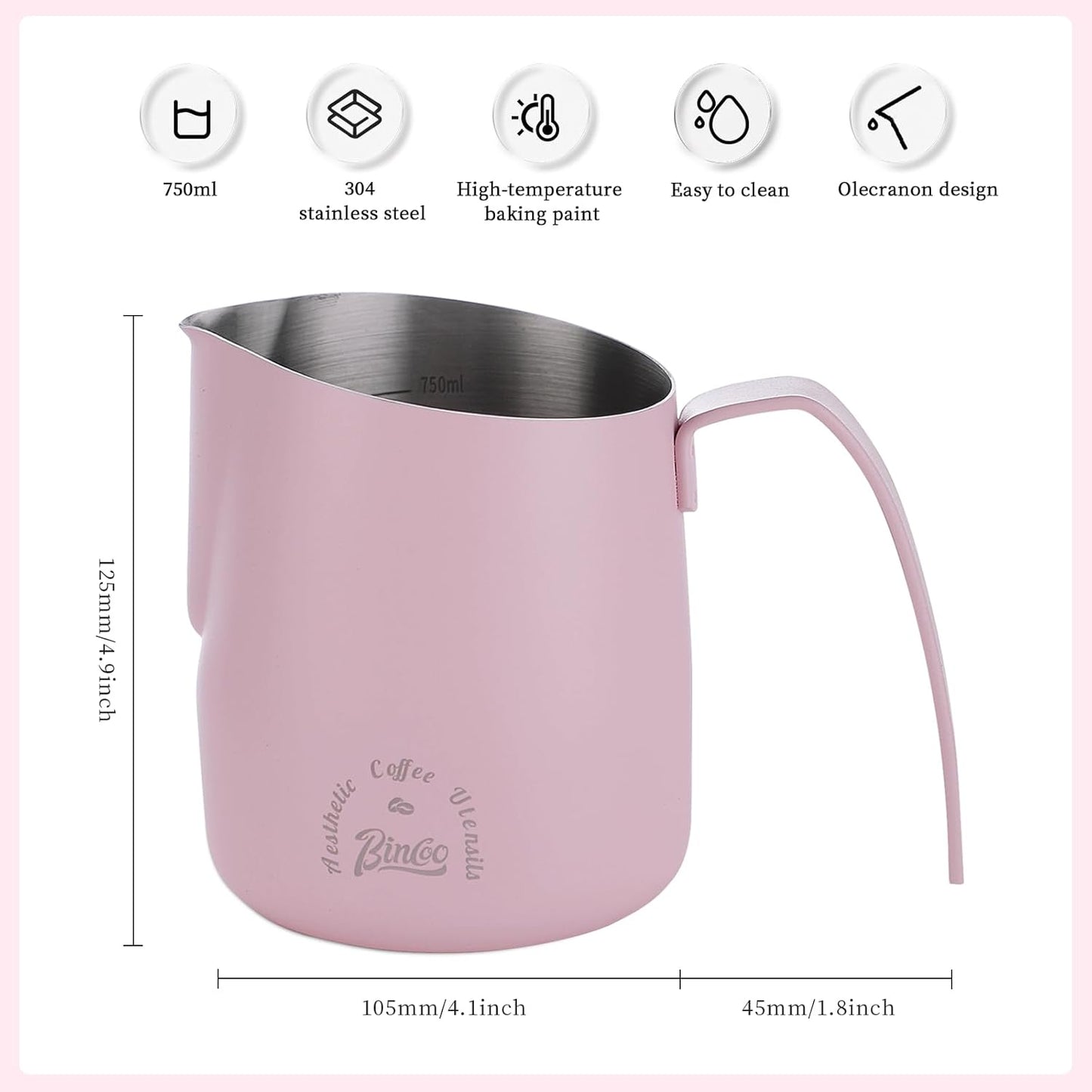 Milk Frothing Pitcher 500ML - Pink Espresso Steaming Pitcher, Stainless Steel Coffee Milk Frothing Cup with Large Handle and Scale, Espresso Machine Accessories for Barista