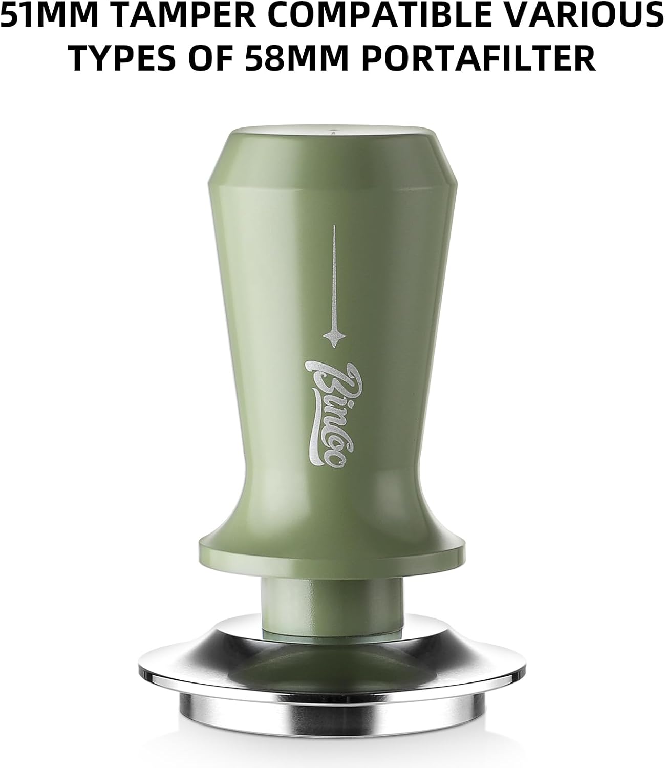Coffee Tamper 58mm - Bincoo Green Romantic Espresso Coffee Tamper with Calibrated Spring Loaded, 100% Flat Stainless Steel Base, Espresso Accessories, Adjustable Depth.