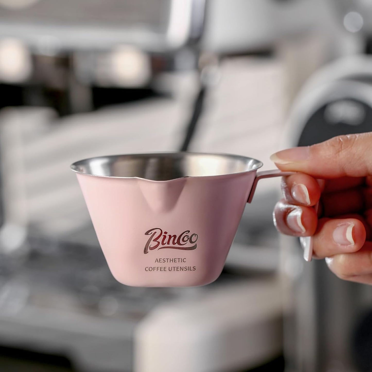 Pink Espresso Measuring Cup with Handle - 2 Pack Stainless Steel Espresso Pouring Cup with Double Spout,100ML Espresso Shot Cup for Coffee Bean,Tomato,Sauce,Milk