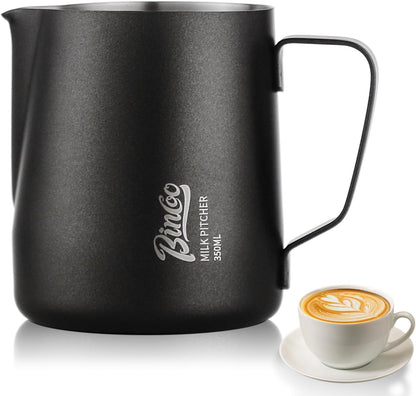 Milk Frothing Pitcher - 350ml/12oz Milk Frother Cup Espresso Steaming Pitcher for Barista, Bincoo SUS304 Stainless Steel Espresso Steaming Pitchers for Latte Art/Cappuccino/Coffee (Black-350ml)