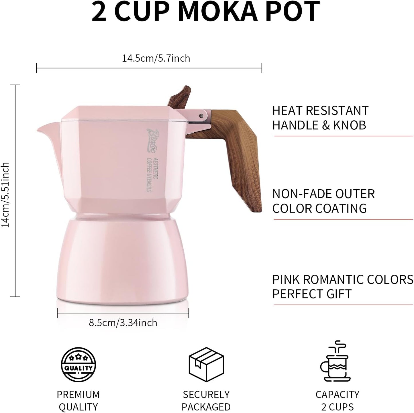Bincoo Pink Espresso Maker Stovetop, Moka Coffee Pot for Electric Stovetop 2 Cups, Italian Espresso Coffee maker for Cappuccino or Latte,120ml Pink Espresso Machine