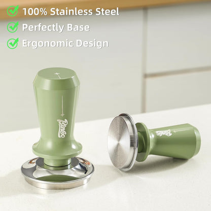 Coffee Tamper 58mm - Bincoo Green Romantic Espresso Coffee Tamper with Calibrated Spring Loaded, 100% Flat Stainless Steel Base, Espresso Accessories, Adjustable Depth.