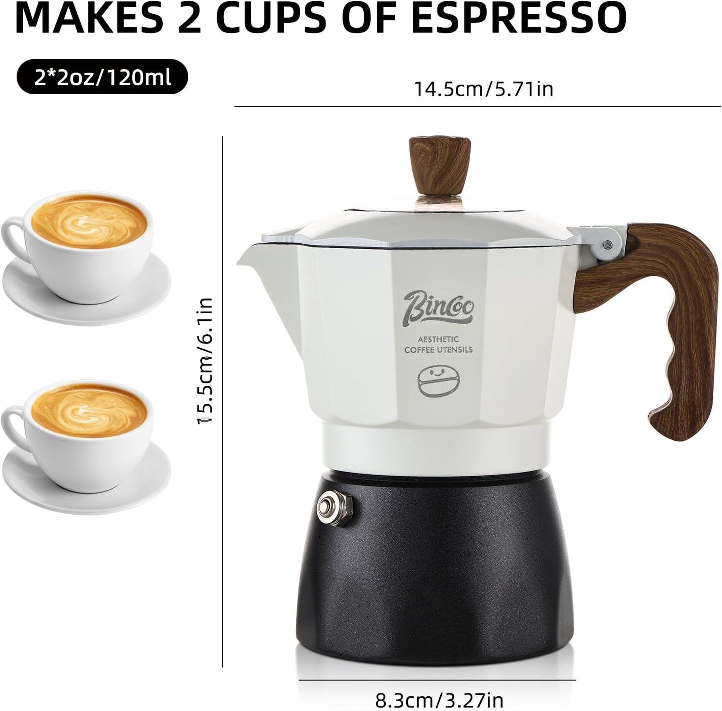 Bincoo Espresso Maker Stovetop - 2 Cup/120ML Stove Top Espresso Italian Coffee Maker, Camping Moka Pot (White-black)