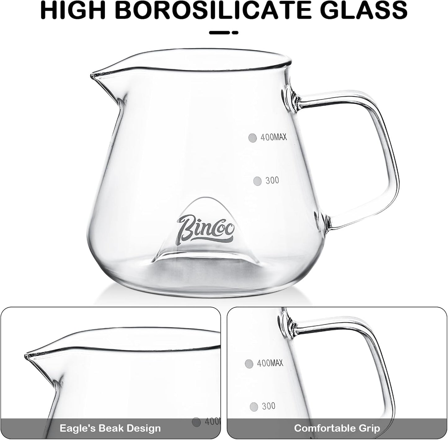 Bincoo GYKF2269 Glass Coffee Server 400ml,Heat-Resistant Borosilicate Glass Coffee Carafe with Drip-Free Spout Clear Pitcher for Hot & Cold Beverages,Easy to Clean,Dishwasher Safe(Colorful)