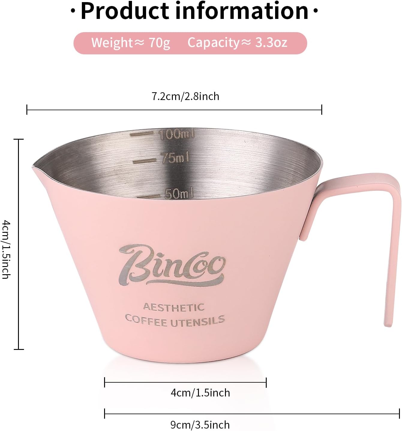 Pink Espresso Measuring Cup with Handle - 2 Pack Stainless Steel Espresso Pouring Cup with Double Spout,100ML Espresso Shot Cup for Coffee Bean,Tomato,Sauce,Milk