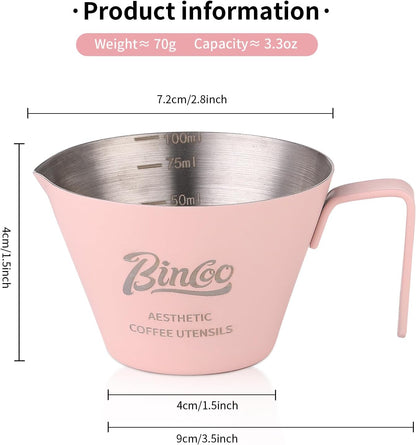 Pink Espresso Measuring Cup with Handle - 2 Pack Stainless Steel Espresso Pouring Cup with Double Spout,100ML Espresso Shot Cup for Coffee Bean,Tomato,Sauce,Milk