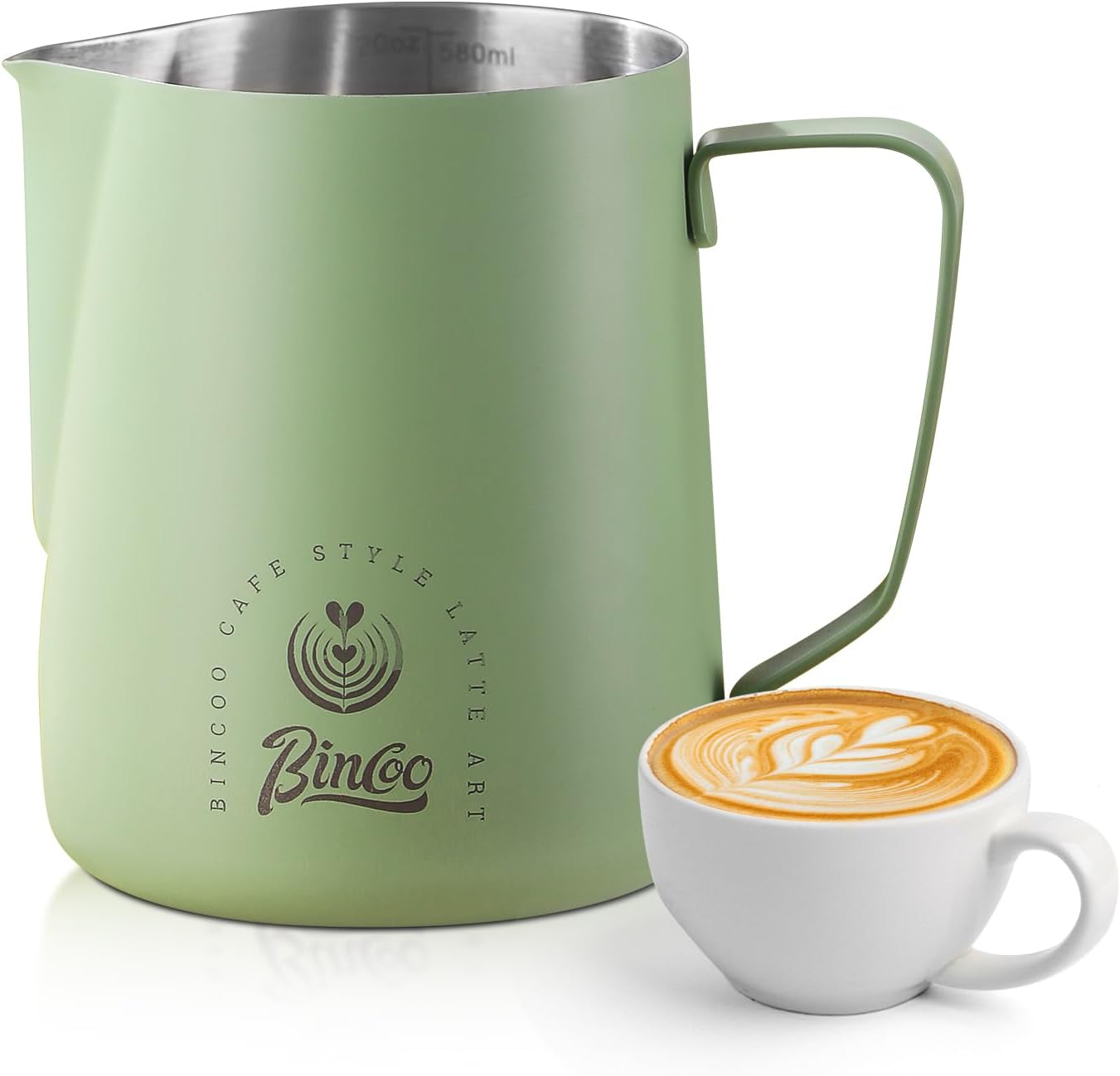 Bincoo GYKF1066 Milk Frothing Pitcher 350ml/12oz,Stainless Steel Latte Art Cup with Dual Arc Spout,Sharp Pouring Tip & Ergonomic Handle for Espresso Coffee Latte Cappuccino