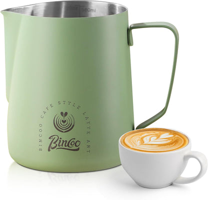 Bincoo GYKF1066 Milk Frothing Pitcher 350ml/12oz,Stainless Steel Latte Art Cup with Dual Arc Spout,Sharp Pouring Tip & Ergonomic Handle for Espresso Coffee Latte Cappuccino