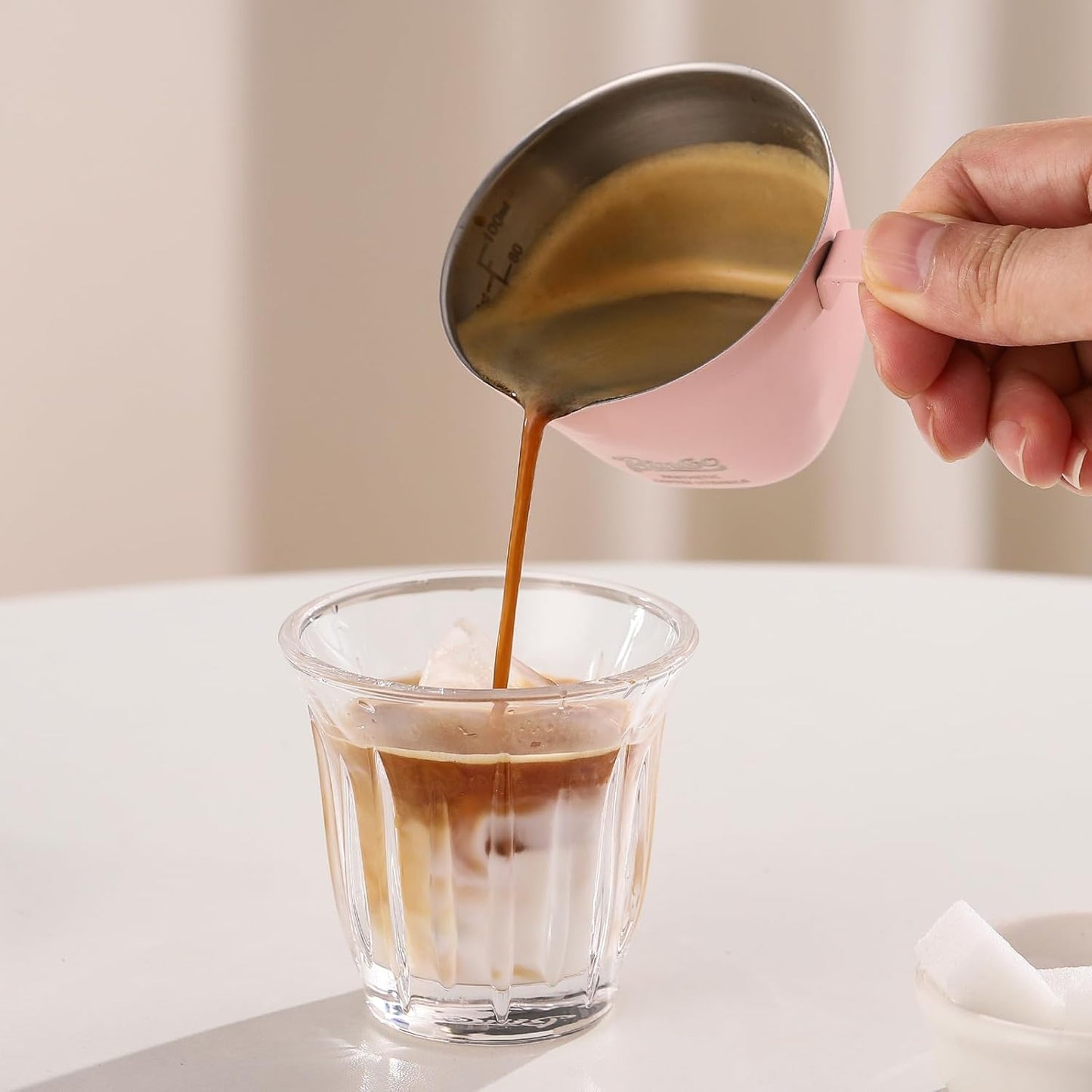 Pink Espresso Measuring Cup with Handle - 2 Pack Stainless Steel Espresso Pouring Cup with Double Spout,100ML Espresso Shot Cup for Coffee Bean,Tomato,Sauce,Milk