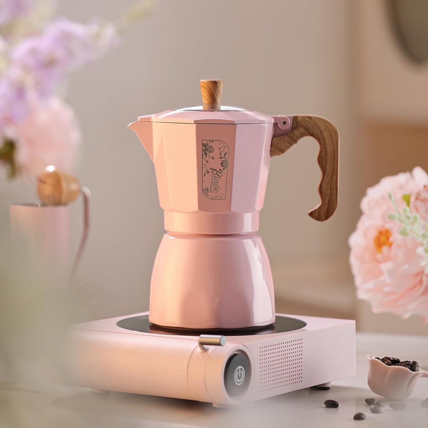 Bincoo Pink Espresso Maker Stovetop - Classic Aluminum Italian Coffee Maker,4 Cups Moka Pot for Italian and Cuban Café Brewing, Double Valve Extraction (Pink, 4 Cups)