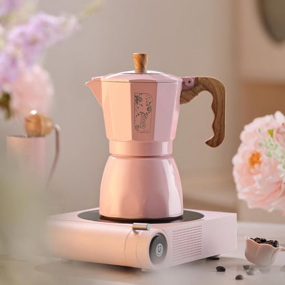 Bincoo Pink Espresso Maker Stovetop - Classic Aluminum Italian Coffee Maker,4 Cups Moka Pot for Italian and Cuban Café Brewing, Double Valve Extraction (Pink, 4 Cups)