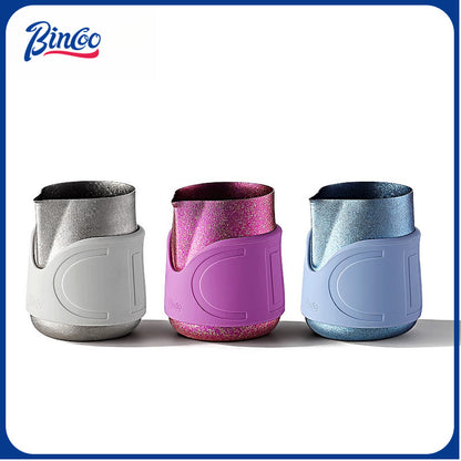 Bincoo Handleless Titanium Frothing Pitcher – Round Spout Latte Art Cup with Measuring Scale, Home Barista Tool