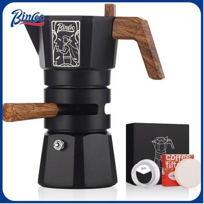 Bincoo GYKF0540 120ML/2 Cup Stovetop Espresso Maker Double Valve Moka Pot with Thermostat Extractor,Italian Espresso Moka Pot with Powder Dispenser and Filter Paper for Home(Black)
