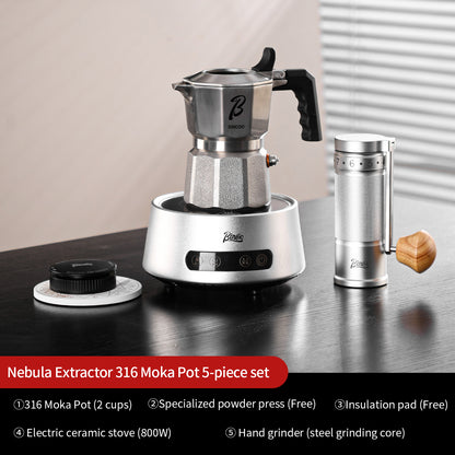 Bincoo Nebula 316 Stainless Steel Moka Pot Coffee Set, 2 Cup Stovetop Espresso Maker with Manual Coffee Grinder