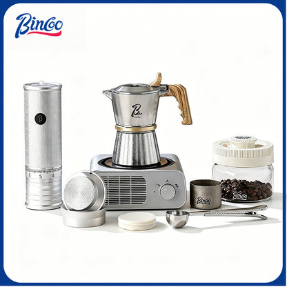 BINCOO Three-Valve 316 Stainless Steel Moka Pot Set with Electric Stove & Coffee Grinder Mini Home Espresso Maker 2Cups