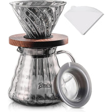 Bincoo Pour Over Coffee Maker Set with Dripper Size 02,600ml Glass Coffee Server Set,60 Angle Tapered Glass Coffee Dripper with Wood Stand Filter Paper for Home Office Gift(Grey)