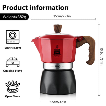Stovetop Espresso Maker,Classic Aluminum Italian Coffee Maker,2Cups Moka Pot for Italian and Cuban Café Brewing, Double Valve Extraction (Red Black, 2 Cups)