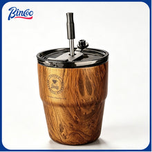 BINCOO Vintage Coffee Cup with Straw Ceramic‑Coated Insulated Tumbler Wood Grain Travel Mug Portable 480ML