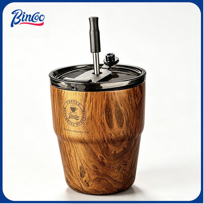 BINCOO Vintage Coffee Cup with Straw Ceramic‑Coated Insulated Tumbler Wood Grain Travel Mug Portable 480ML