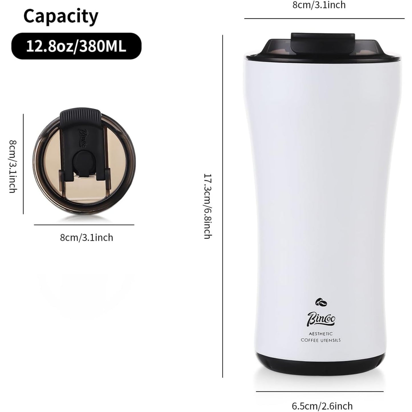 Bincoo 316 Stainless Steel Insulated Coffee Travel Mug 12.8oz,Leak-proof Insulated Travel Coffee Tumbler Keeps Drinks Hot/Cold for 6 Hours,with Storage Compartment,Ideal for Office,Outdoors,Car