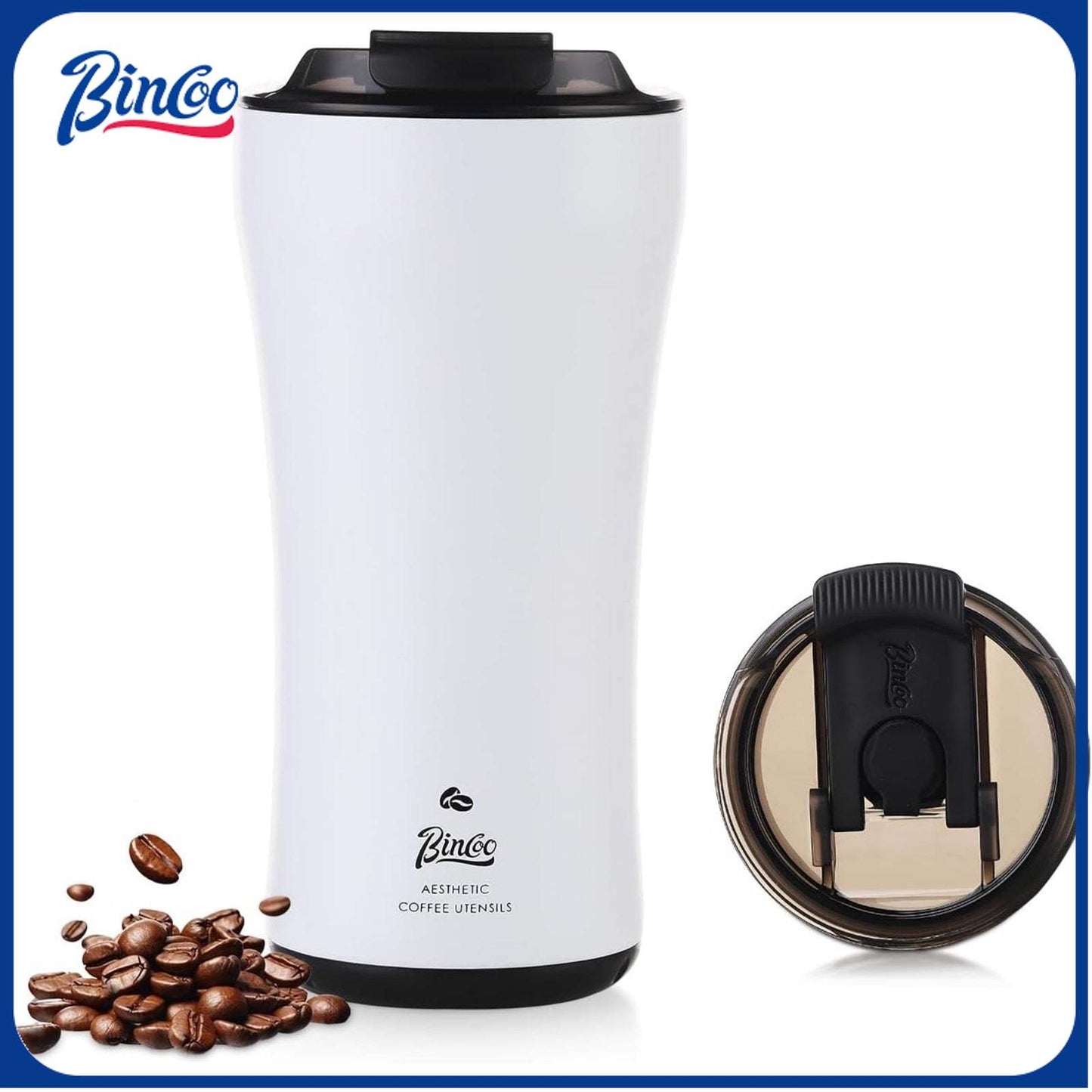 Bincoo GYKF1033 316 Stainless Steel Insulated Coffee Travel Mug 12.8oz,Leak-proof Insulated Travel Coffee Tumbler Keeps Drinks Hot/Cold for 6 Hours,with Storage Compartment,Ideal for Office,Outdoors,Car