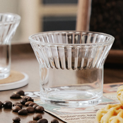Bincoo Glass Iced Coffee Cups Set - 7oz Reusable Ribbed Glass Tumblers,Vintage Glassware for Wine, Juice, Cocktails, Water, Iced Coffee, Whiskey, Set of 2