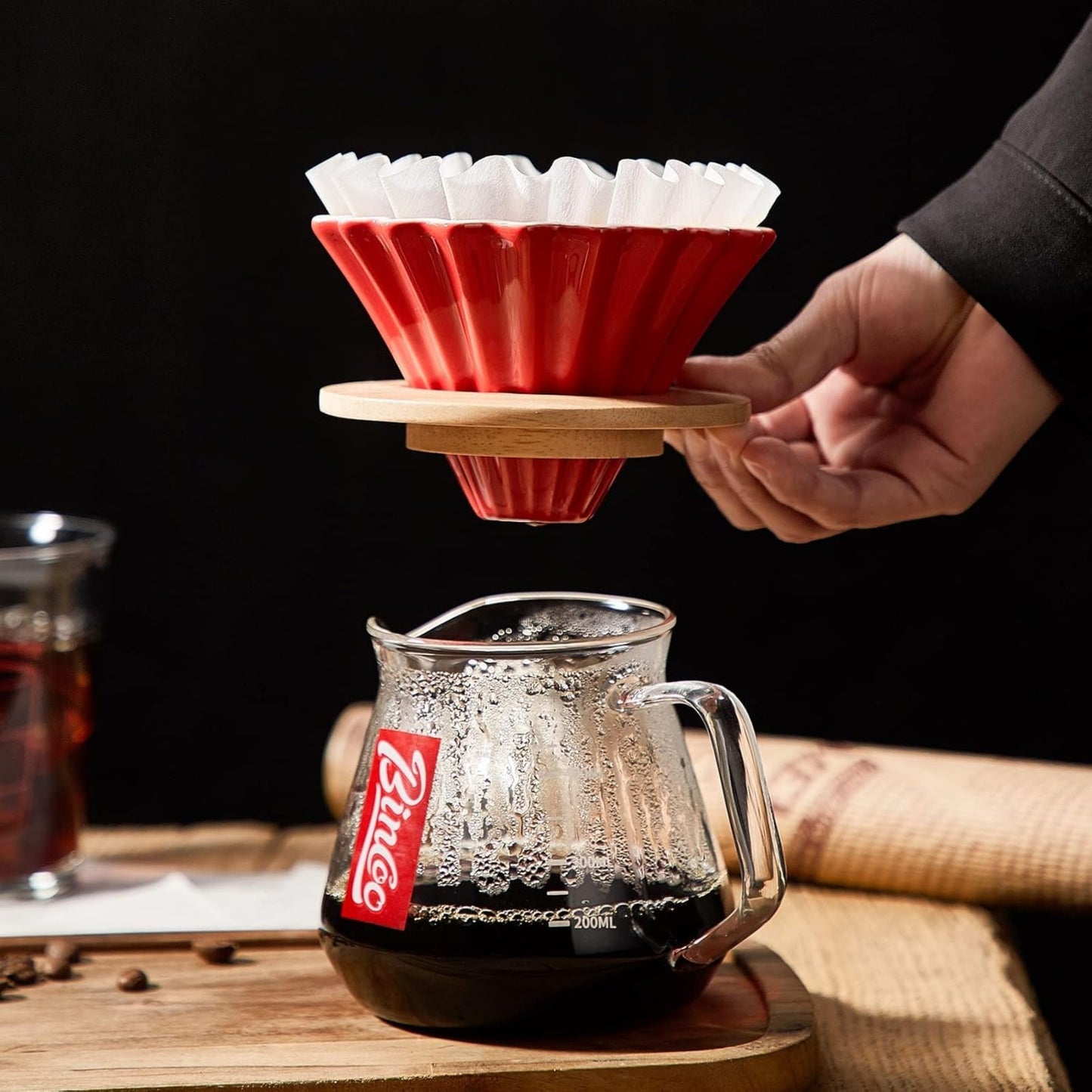 Bincoo Pour Over Coffee Maker Set with Dripper,400ml Glass Coffee Server Set,Ceramics Coffee Dripper with Wood Stand&Filter Paper for Home Office Gift