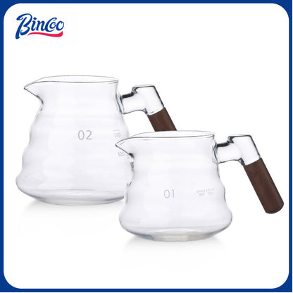 BINCOO Coffee Hand Brewing Pot Set Glass Sharing Pot with Wooden Handle Coffee Tasting Cup 450ML/600ML