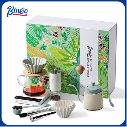 BINCOO Hand Brewed Coffee Pot Gift Set Household Hand Brewing Pot with Manual Grinder Coffee Filter Cup with Sharing Pot Set Best Gift