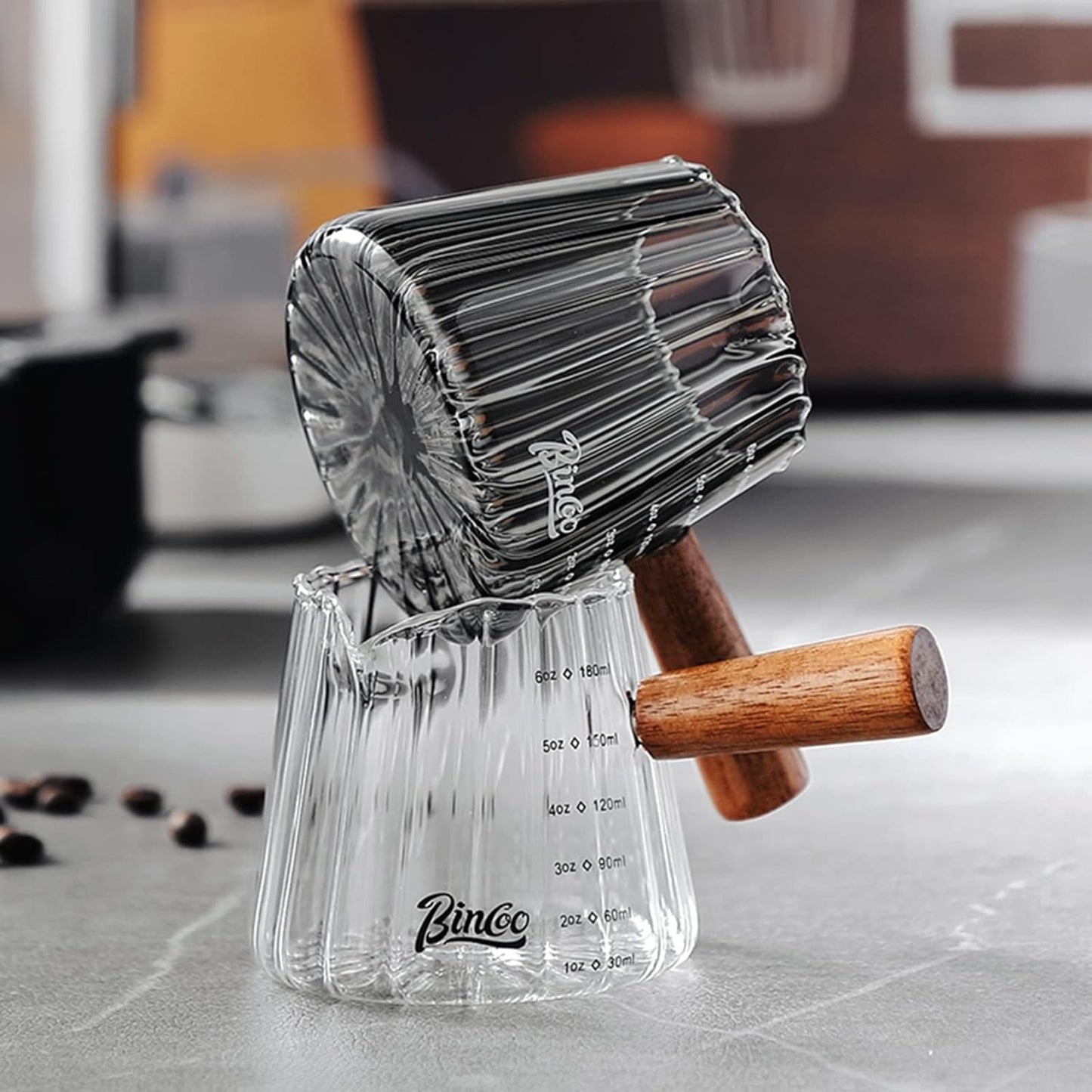 Bincoo GYKF0789 6oz Espresso Shot Glass with Wood Handle,Single Spouts Coffee Milk Measuring Cup with Clear Scale -Heat Resistant Glass Creamer for Coffee Tea or Maple Syrup Serving (180ML gray)