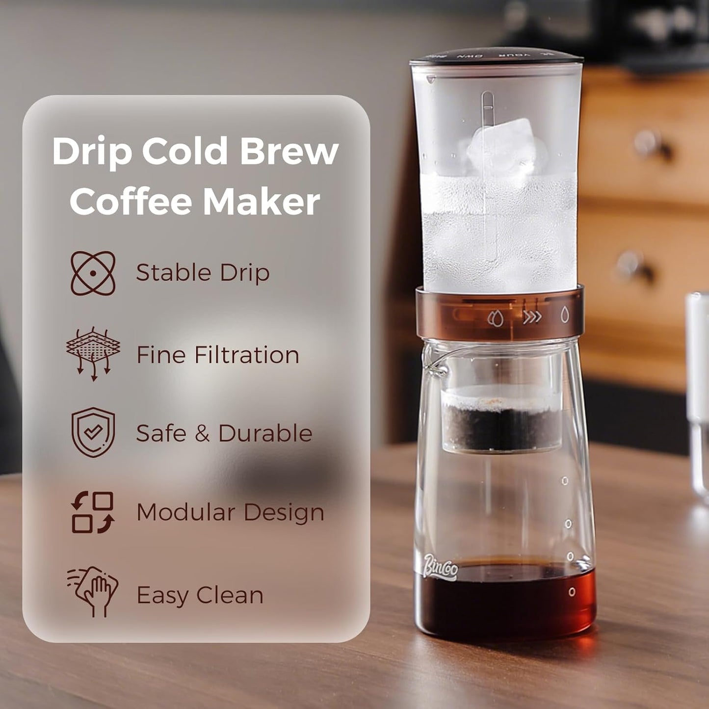 Bincoo GYKF2195 Adjustable Flow Cold Brew Coffee Maker, 450ml Glass Ice Drip Tower with Control Valve & 500-Mesh Stainless Steel Filter for Smooth, Low-Acid Cold Brew Iced Coffee at Home (Translucent Amber) GYKF2195
