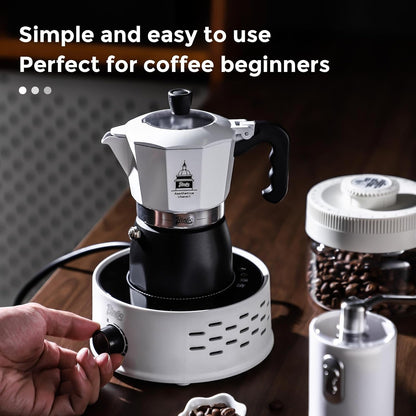 Bincoo Stovetop Espresso Maker,Classic Aluminum Italian Coffee Maker,2Cups Moka Pot for Italian and Cuban Café Brewing, Double Valve Extraction (White-Black, 2 Cups)